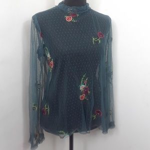 Zara Green Embroidered Floral Sheer Blouse Size M